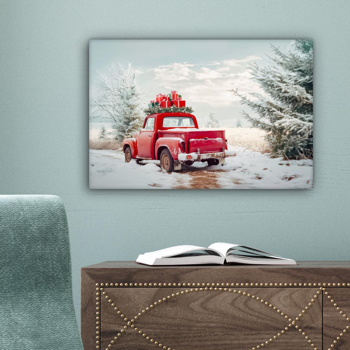 LEINWANDBILD Auto - Rot - Geschenke - Winter - Schnee - Weihnachten Deko Schlafzimmer 30x20 cm - Rot, Textil (30/20cm) - MuchoWow