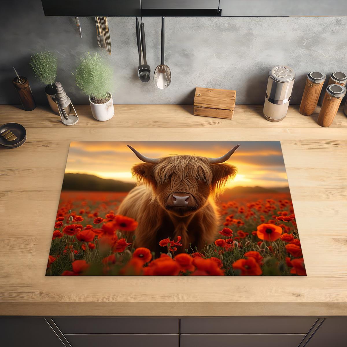 HERDABDECKPLATTE Schottische Highlander - Rosen - Blumenfeld - Sonnenuntergang Induktionsmatte 71x52 cm - Rotbraun, Kunststoff (71/52/0.2cm) - MuchoWow