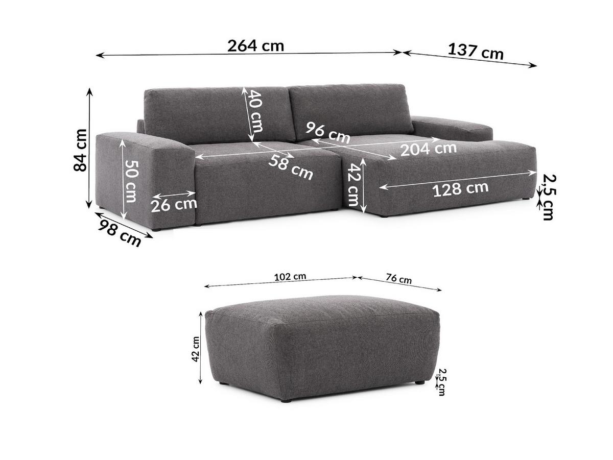 ECKSOFA inkl. Hocker Lennon aus Graphit Strukturstoff mit Schlaffunktion und Bettkasten - Graphitfarben/Schwarz, Holz/Kunststoff (264/137cm) - S-Style