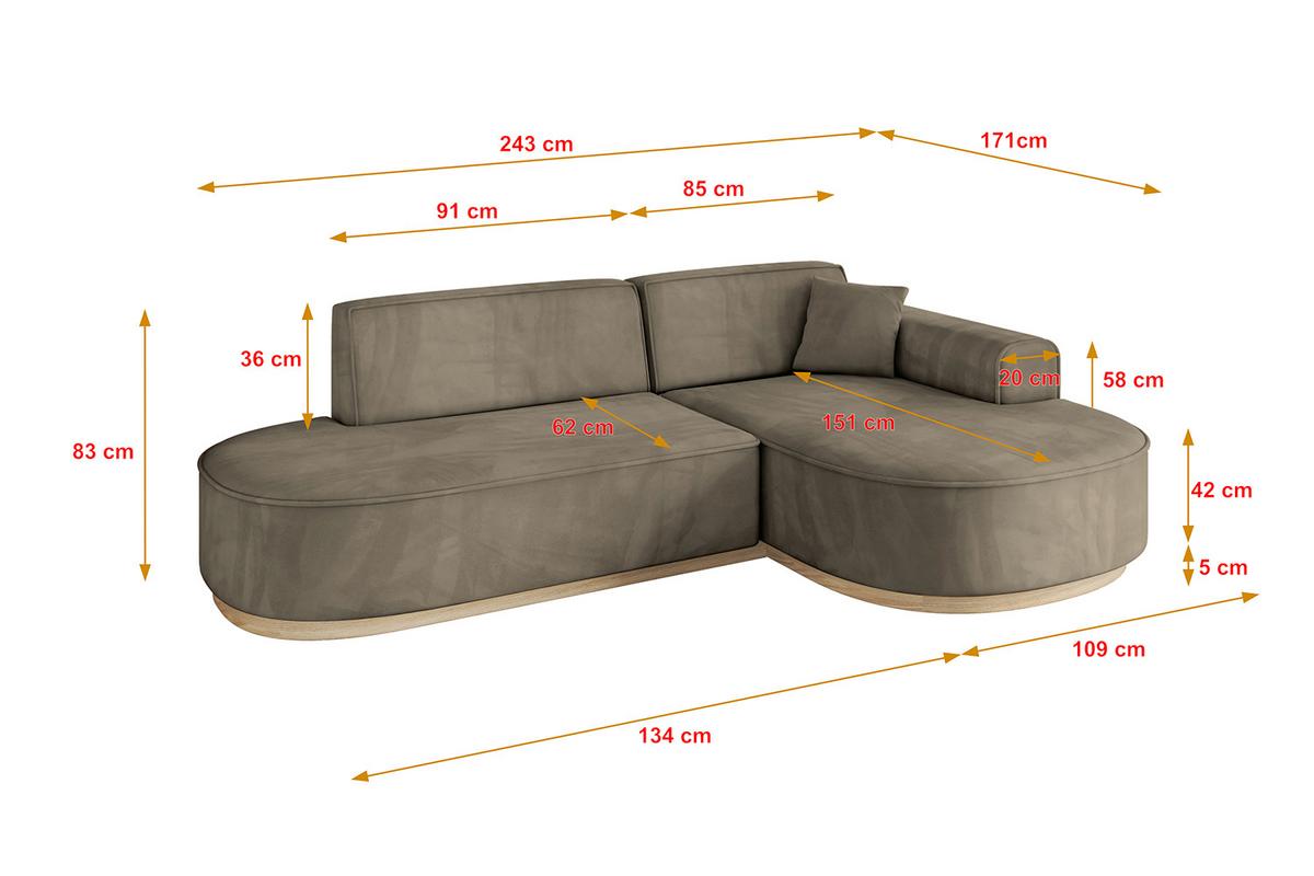 ECKSOFA Ottomane Rechts MARI-L1-v1 - 243x171x83 cm Dunkelbraun Velours - Dunkelbraun, Holzwerkstoff/Textil (171/243cm) - ALTDECOR