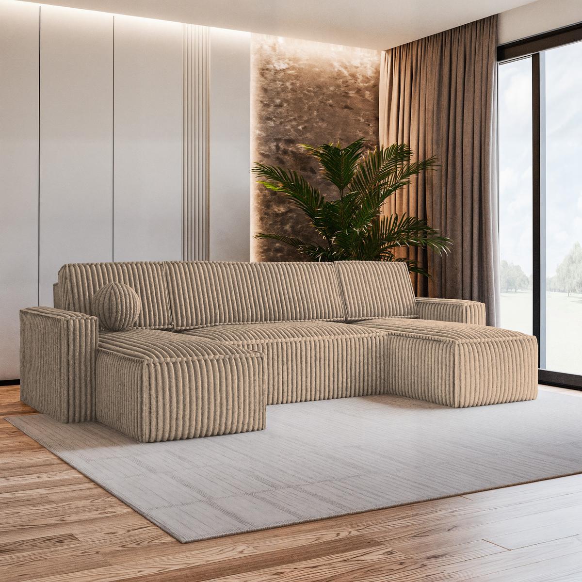 WOHNLANDSCHAFT PESANO T Beige Kordstoff mit Schlaffunktion - Beige/Grau, Holz/Kunststoff (306/85/140cm) - MASSENO