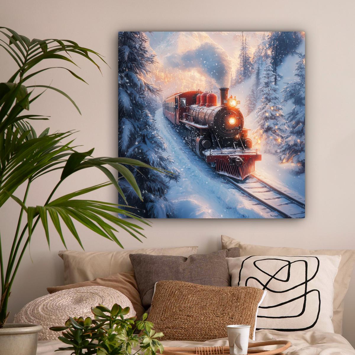 LEINWANDBILD Weihnachtszug - Schnee - Winter - Weihnachten Deko Groß 90x90 cm - Dunkelrot, Textil (90/90cm) - MuchoWow