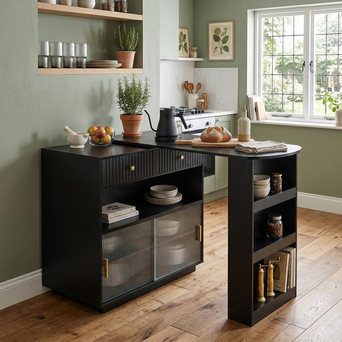 BARTISCH schwarz mit 360° drehbarem sideboard & led-beleuchtung - Schwarz, Holzwerkstoff (50/120/95.5cm) - Urban Meuble