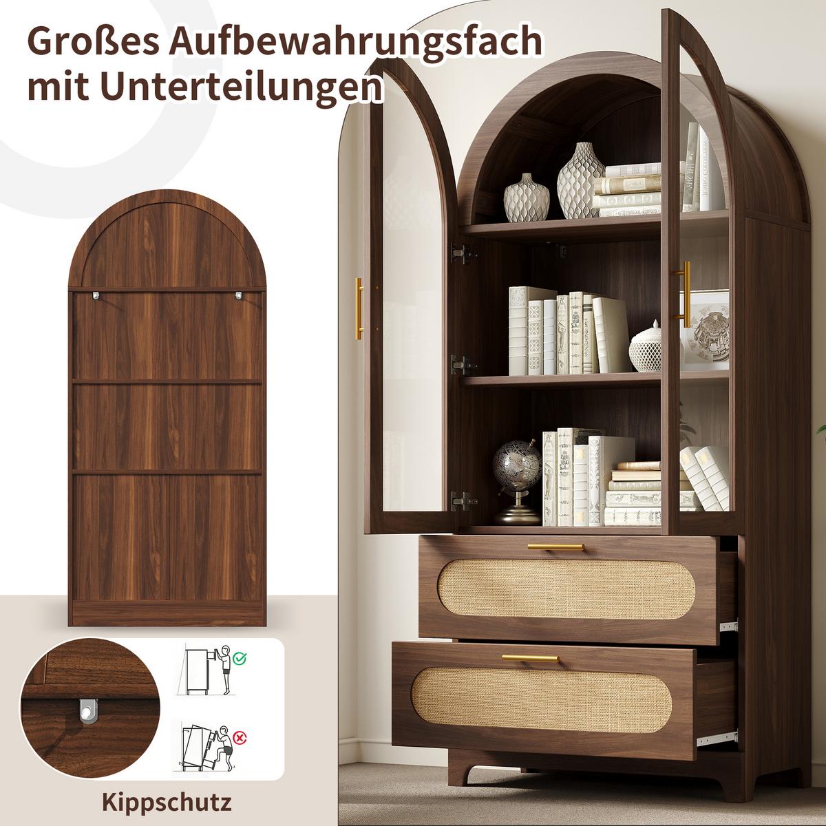 HIGHBOARD in Nussbaum-Optik mit Glas und PE-Rattan, Bogen-Design mit 2 Schubladen - Naturfarben, Holzwerkstoff (80/175/40cm) - Urban Meuble