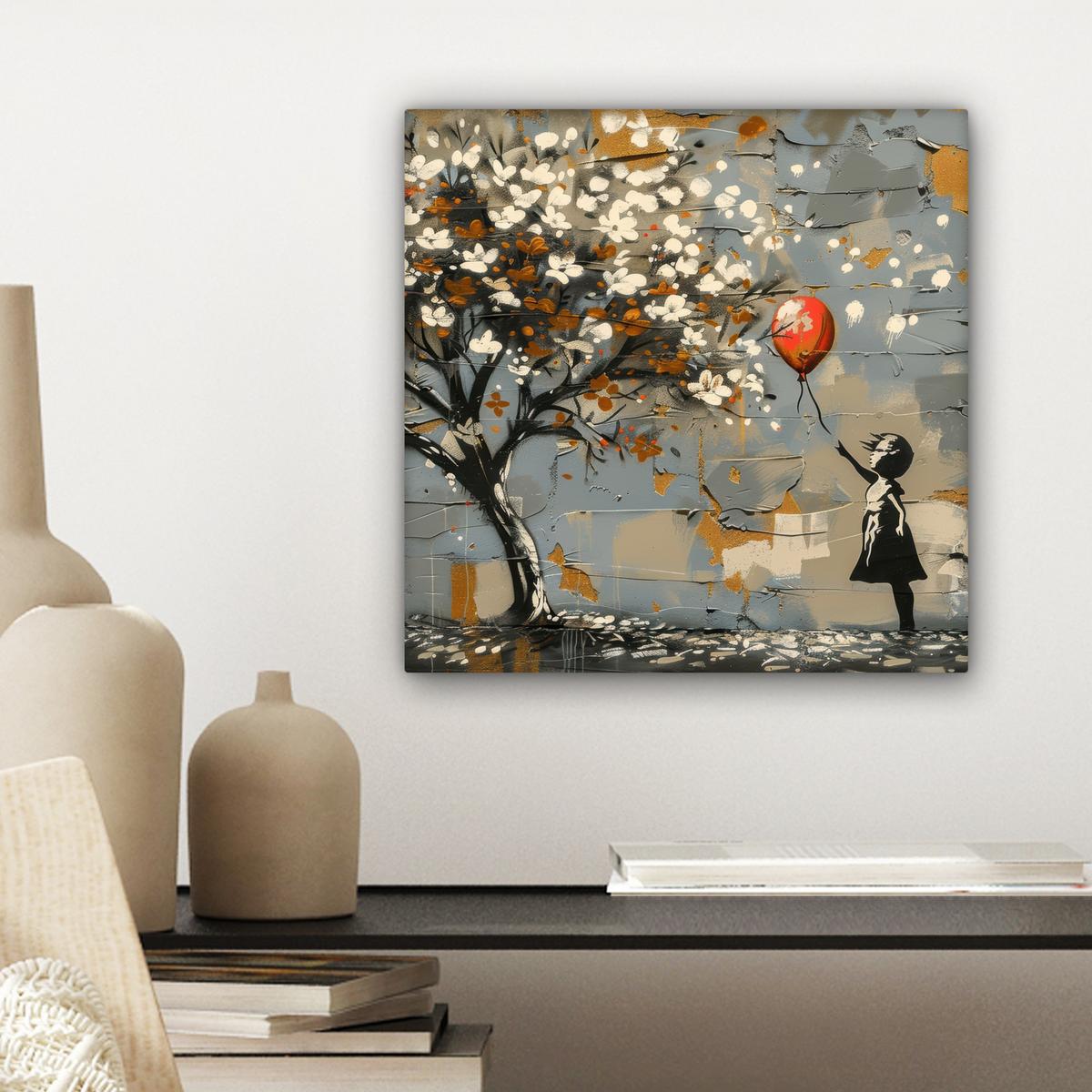 LEINWANDBILD Baum - Graffiti - Banksy-Stil - Ballon-Mädchen Deko Wohnzimmer 20x20 cm - Blaugrau, Textil (20/20cm) - MuchoWow