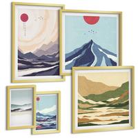 BILDER SET 5er Set - 50x50 cm & 20x30 cm & 40x60 cm Goldrahmen - Farbenfrohe abstrakte Flussberge - Goldfarben, Kunststoff (40/60cm) - TULUP