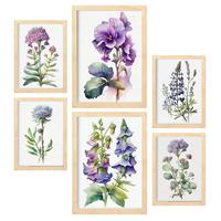 POSTER Set Mit 6 Violett Vollfarbige Natur Und Botanikdrucke Mit Blumenmotiven Auf Reinweißen Hintergründen A3 & A4 Rahmen Aus Hellem Holz - Beige, Papier (29/3cm) - Nacnic