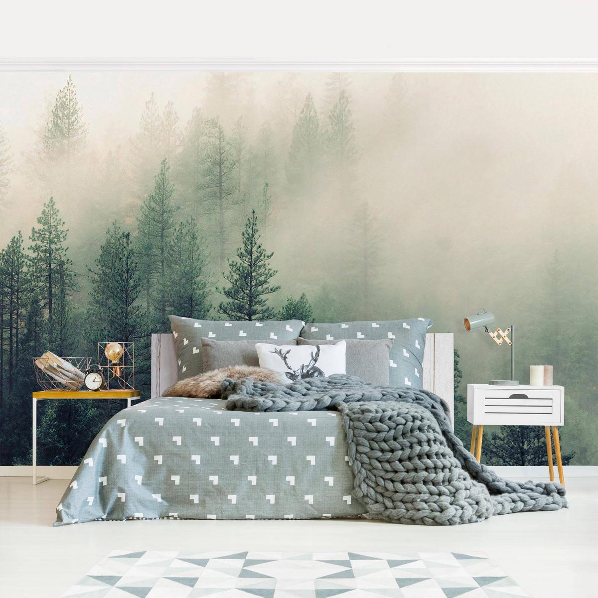 FOTOTAPETE Wald im Nebel Erwachen 384/255 cm - Grün, Papier (384/255cm) - Bilderwelten