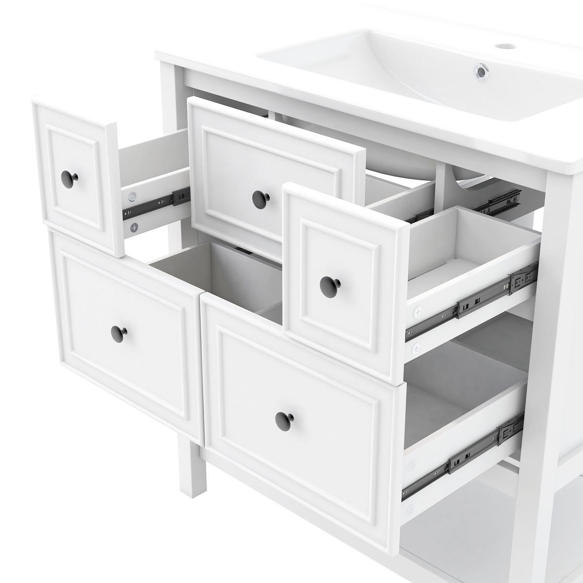 WASCHTISCH Freistehend Weiß mit Keramikbecken, 5 Schubladen & Ablage - Weiß, Holzwerkstoff (76/82/46.5cm) - Urban Meuble