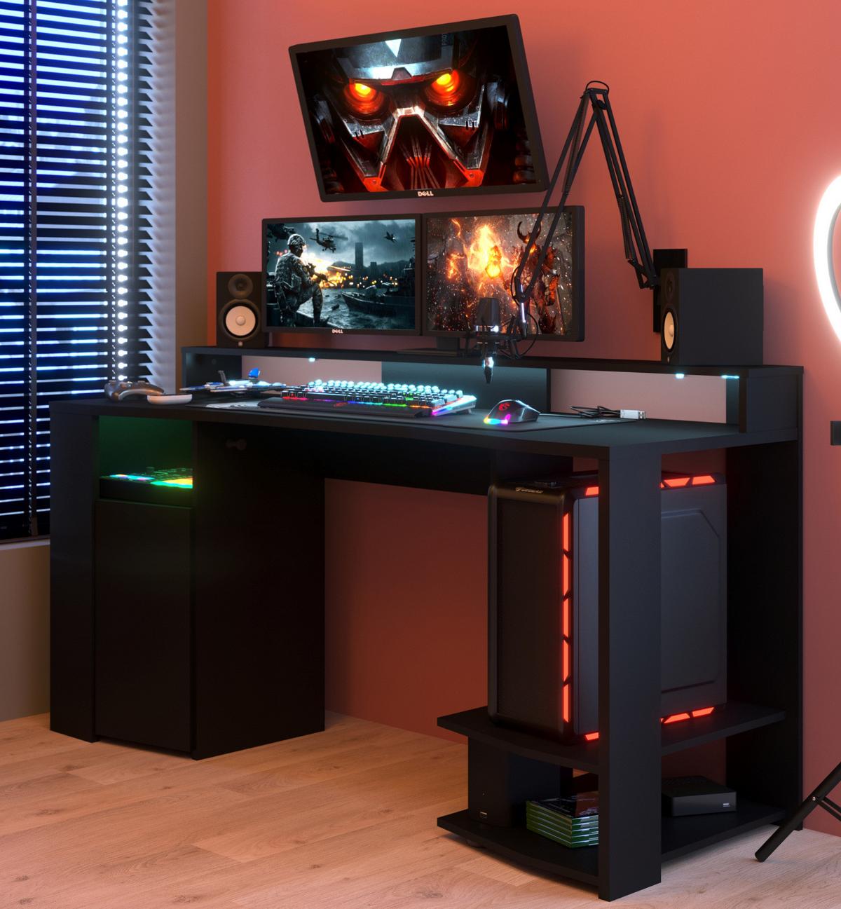 GAMINGTISCH schwarz, Schreibtisch mit Monitorpodest und LED Beleuchtung - Schwarz, Holzwerkstoff (62/152/87cm) - Parisot Meuble