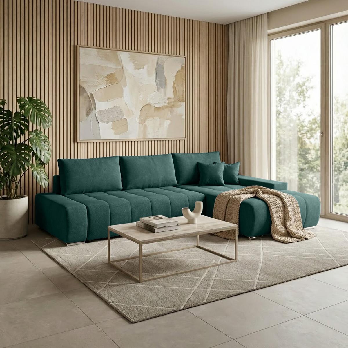 ECKSCHLAFSOFA Draco mit Schlaffunktion, rechts, Grün - Schwarz/Grün, Textil/Metall (267/186cm) - Beautysofa
