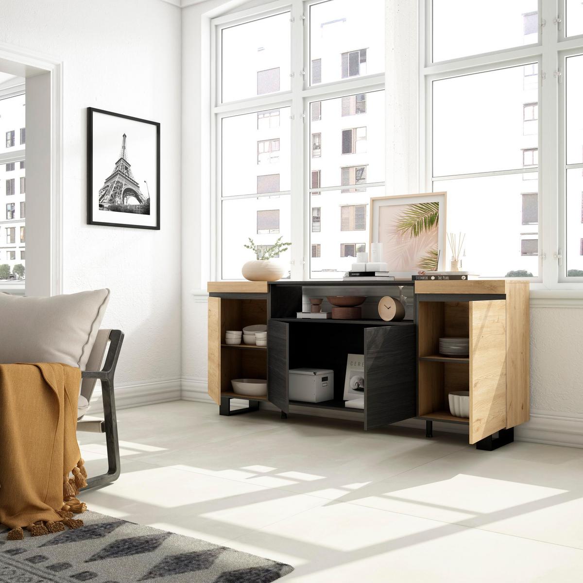 SIDEBOARD eiche, schwarz, 200/35/87cm - Multicolor, Holzwerkstoff (200/87/35cm) - Skraut Home