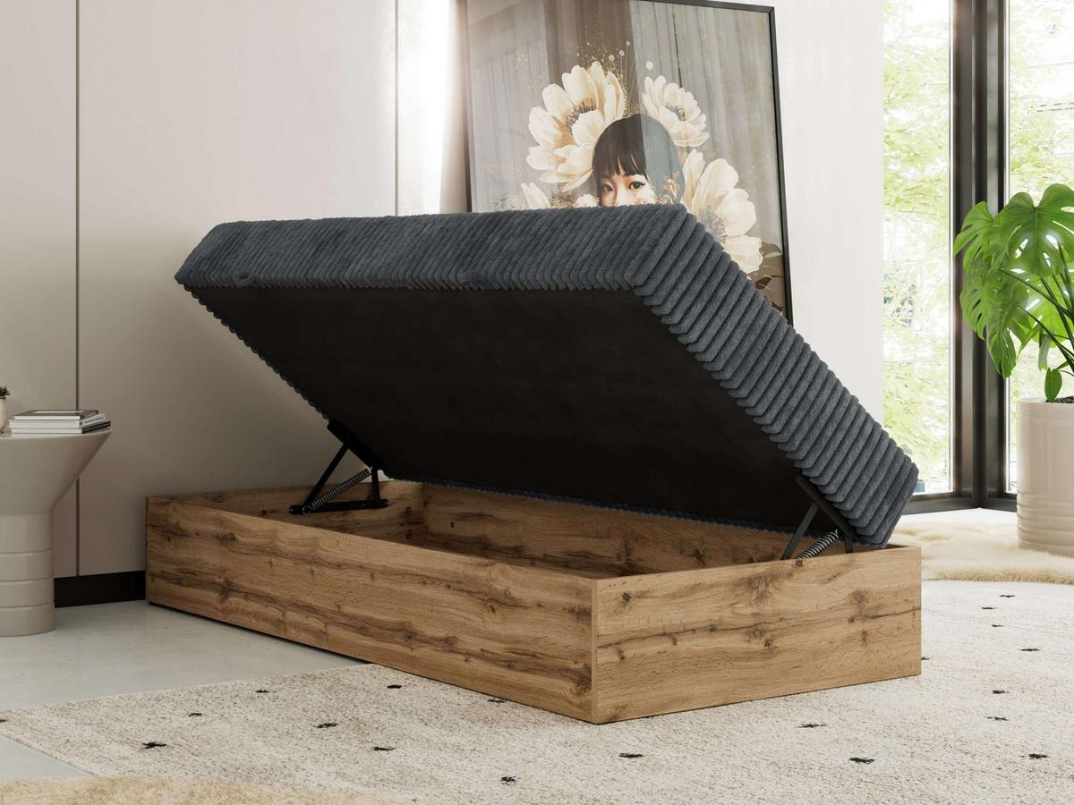 BOXBETT WOOD ZERO 90/200 - Grau Cord - H3 - Topper Visco - Grau, Textil (90/200cm) - MKS