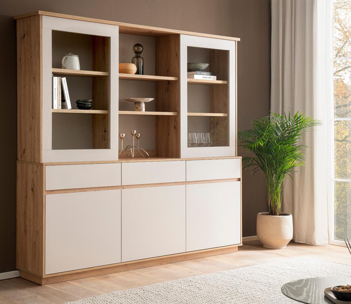 BUFFET Kaschmir, Eiche Artisan 202 x 199 cm, Vitrinenschrank mit Soft-Close - Kaschmir/Eiche Artisan, Glas/Holzwerkstoff (202/199/40cm) - Furn.Design
