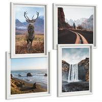 BILDER SET 4er Set - 50x50 cm & 40x60 cm Weißer Rahmen - Berglandschaften, Wasserfälle, Hirsche, Strände - Weiß, Kunststoff (50/50cm) - TULUP