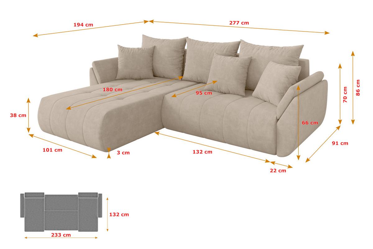 ECKSOFA mit Schlaffunktion Ottomane Links TOKO-L 277x194x86 Beige Velours - Schwarz/Sahara, Holzwerkstoff/Kunststoff (277/194cm) - ALTDECOR