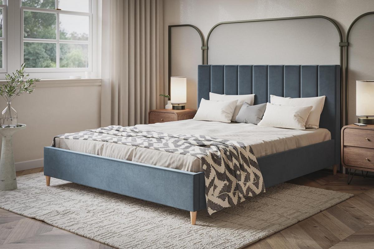 POLSTERBETT LUX Tokio mit Kopfteil, 160 x 200 cm, Doppelbett mit Lattenrost aus Holz, Velourstoff Blau, Füße in Farbe: Braun - Blau, Holz/Textil (160/200cm) - Alpi-Möbel