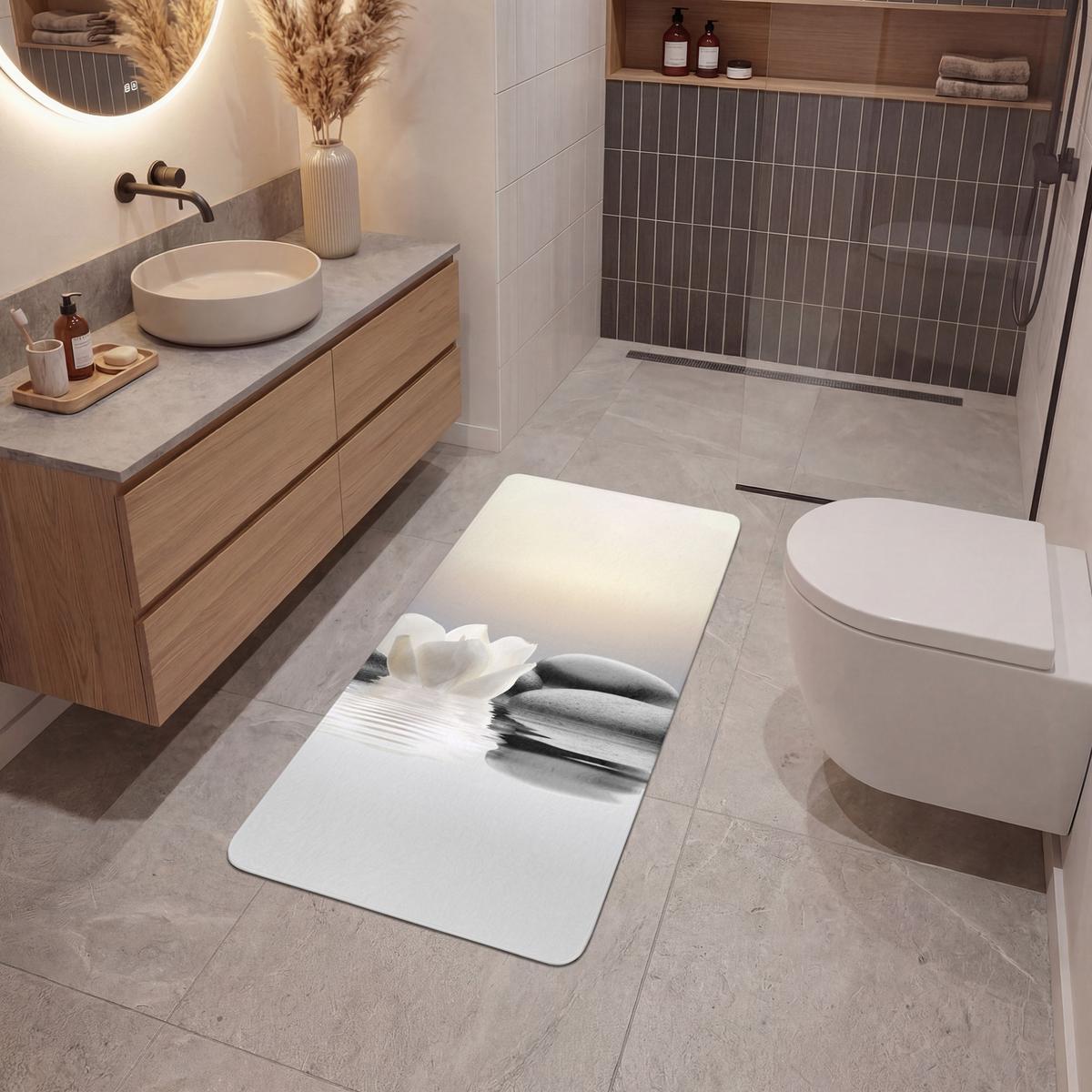 BADEMATTE Steine - Lotus - Weiß - Wasser - Zen 60x120 cm - Weiß, Textil (60/120cm) - OnlyWow
