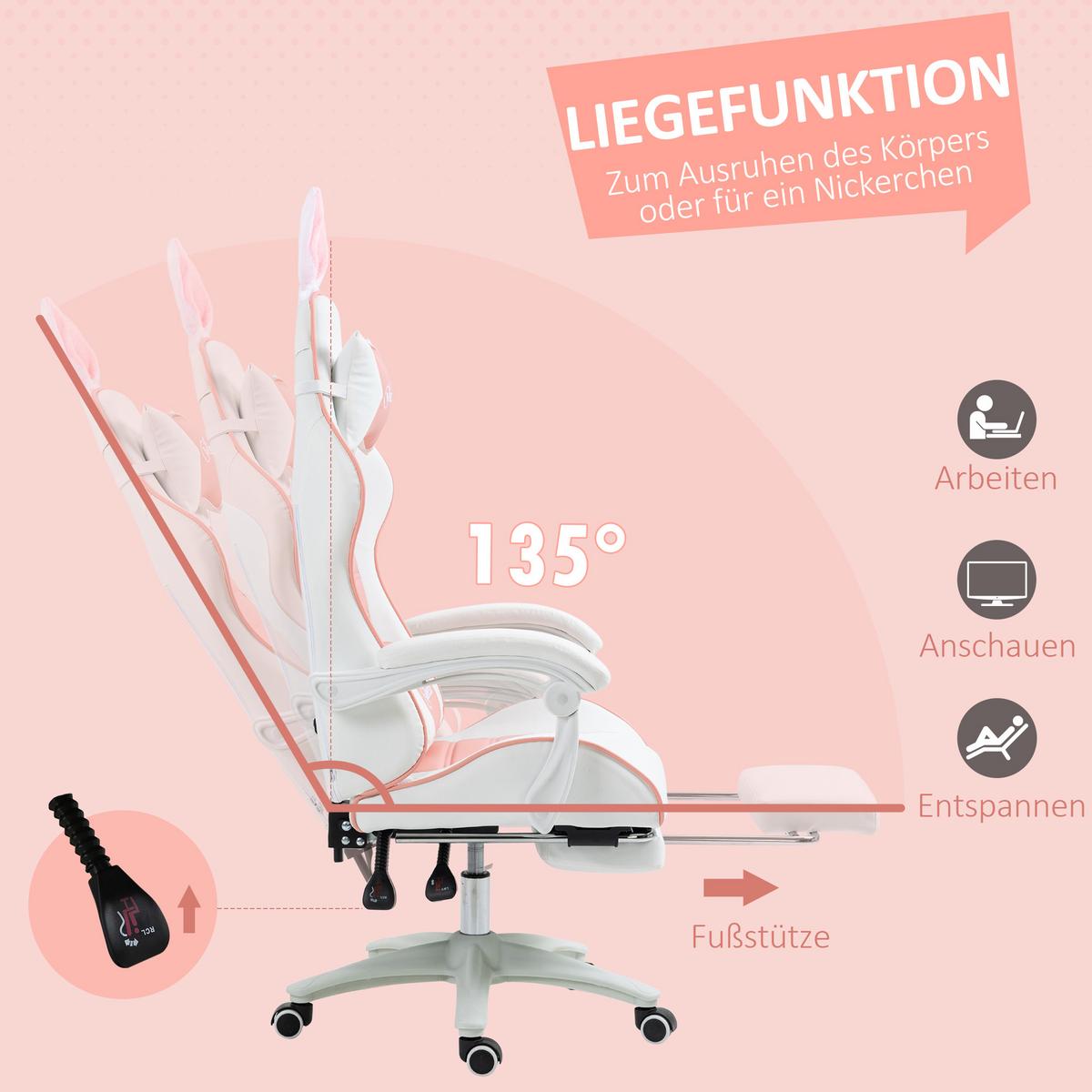 GAMING-STUHL Ergonomischer Gamer Stuhl mit Lendenwirbelstütze, Rosa - Rosa, Kunststoff (63/142/65cm) - Vinsetto