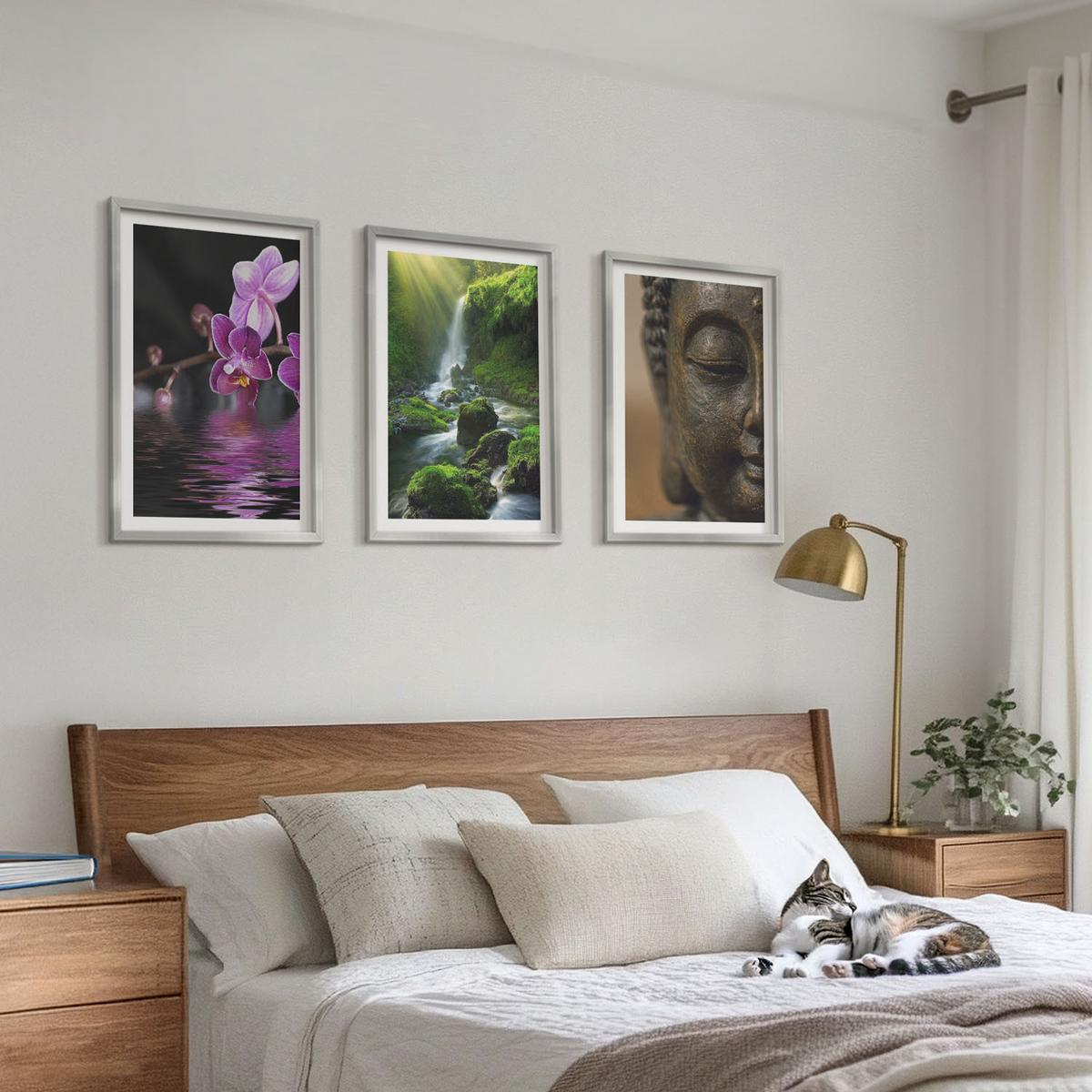BILDER SET 3er Set - 40x60 cm Silberner Rahmen - Blumen, Wasserfall, Buddha-Felsen, Zen - Silberfarben, Kunststoff (40/60cm) - TULUP