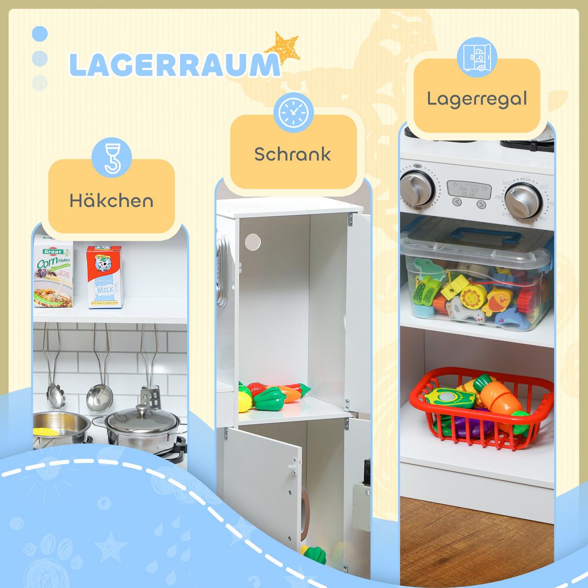 KINDERKÜCHE Spielküche mit Spielzeug Telefon, Kreidetafel, Mikrowelle, Herd Weiß - Weiß, Holzwerkstoff (83.8/26.8/81cm) - AIYAPLAY