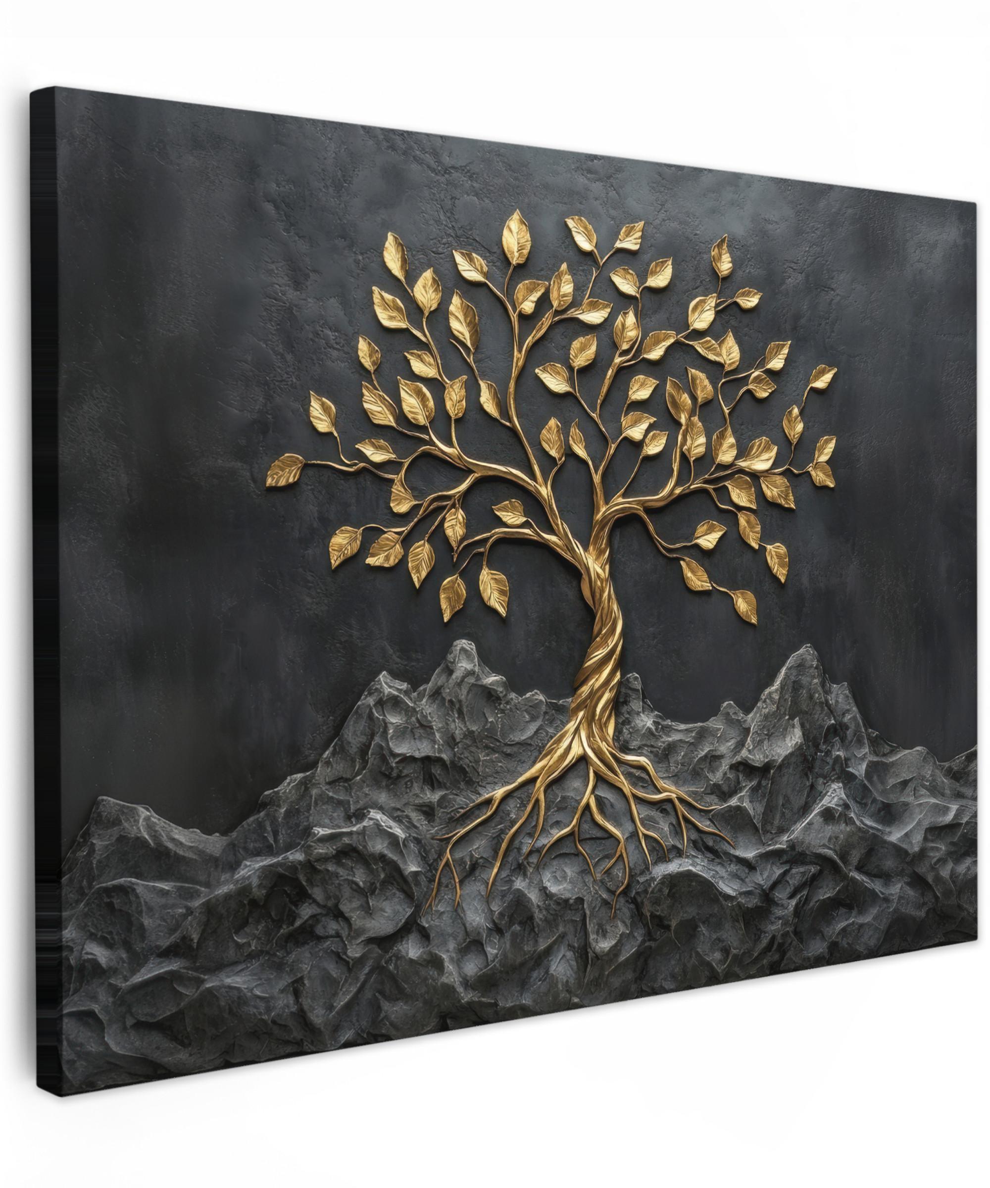 LEINWANDBILD Blätter - Gold - Baum - Fels Wandbilder 80x60 cm - Schwarz, Textil (80/60cm) - MuchoWow