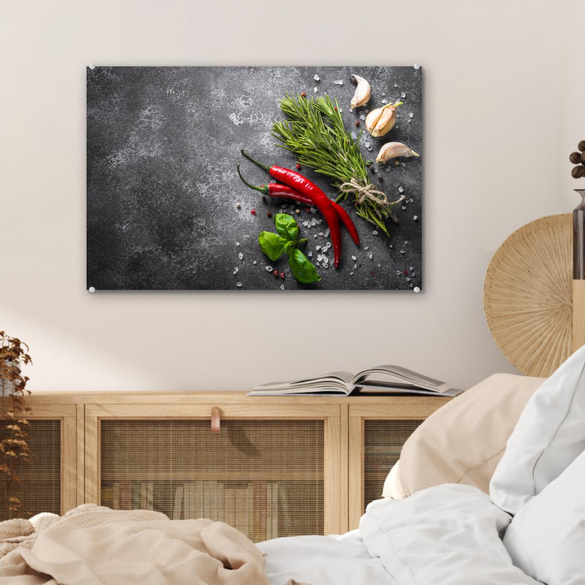 ACRYLGLASBILD Pfeffer - Kräuter - Gewürze - Beton Wanddeko 60x40 cm - Dunkelgrau, Glas (60/40cm) - MuchoWow