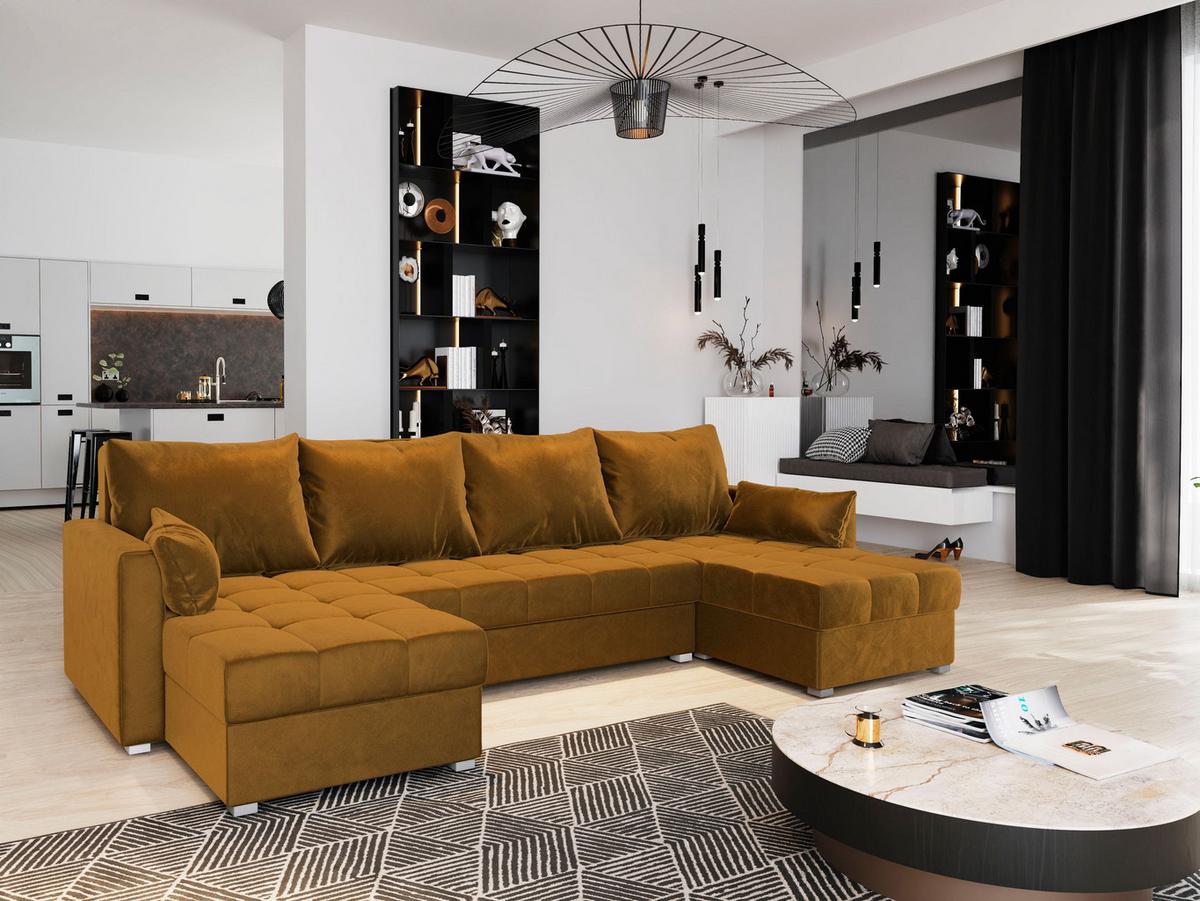 WOHNLANDSCHAFT NAKO Gelb Plüsch-Stoff mit Schlaffunktion - Gelb/Grau, Holz/Kunststoff (285/85/140cm) - MASSENO