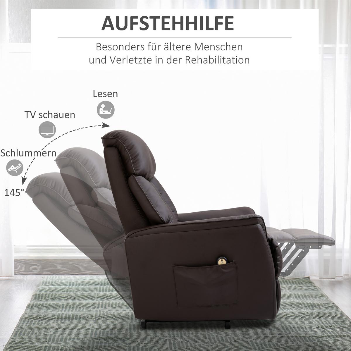 SESSEL mit Aufstehhilfe Kunstleder braun - Schwarz/Braun, Leder/Kunststoff (94/104/80cm) - HOMCOM