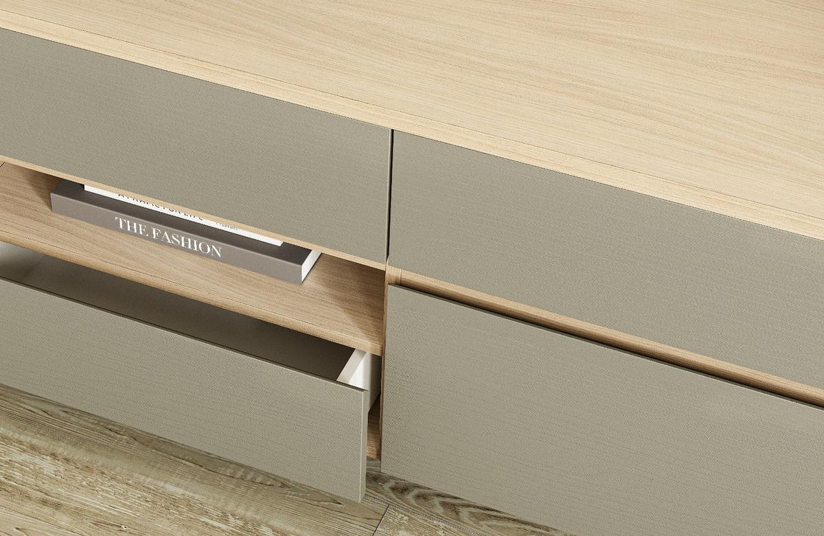 WOHNWAND Salbei grün, Eiche, Wohnkombination skandinavisch 4-teilig 339 cm, Soft-Close - Salbeigrün/Eichefarben, Glas/Holzwerkstoff (339/195/39cm) - Furn.Design