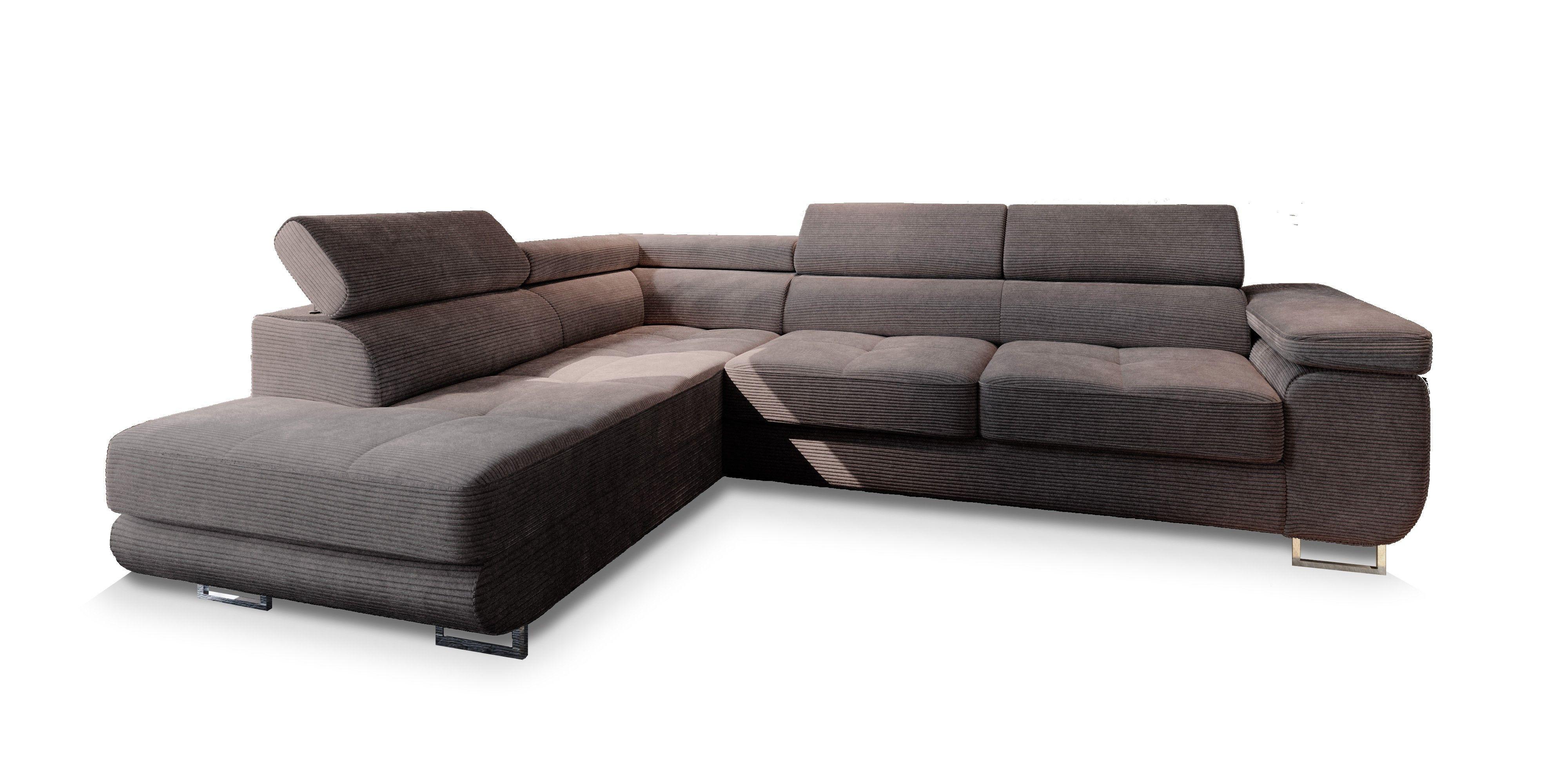 ECKSOFA APIRO L-S Braun Kordstoff mit Schlaffunktion - Silberfarben/Braun, Holz/Textil (276/202cm) - MASSENO