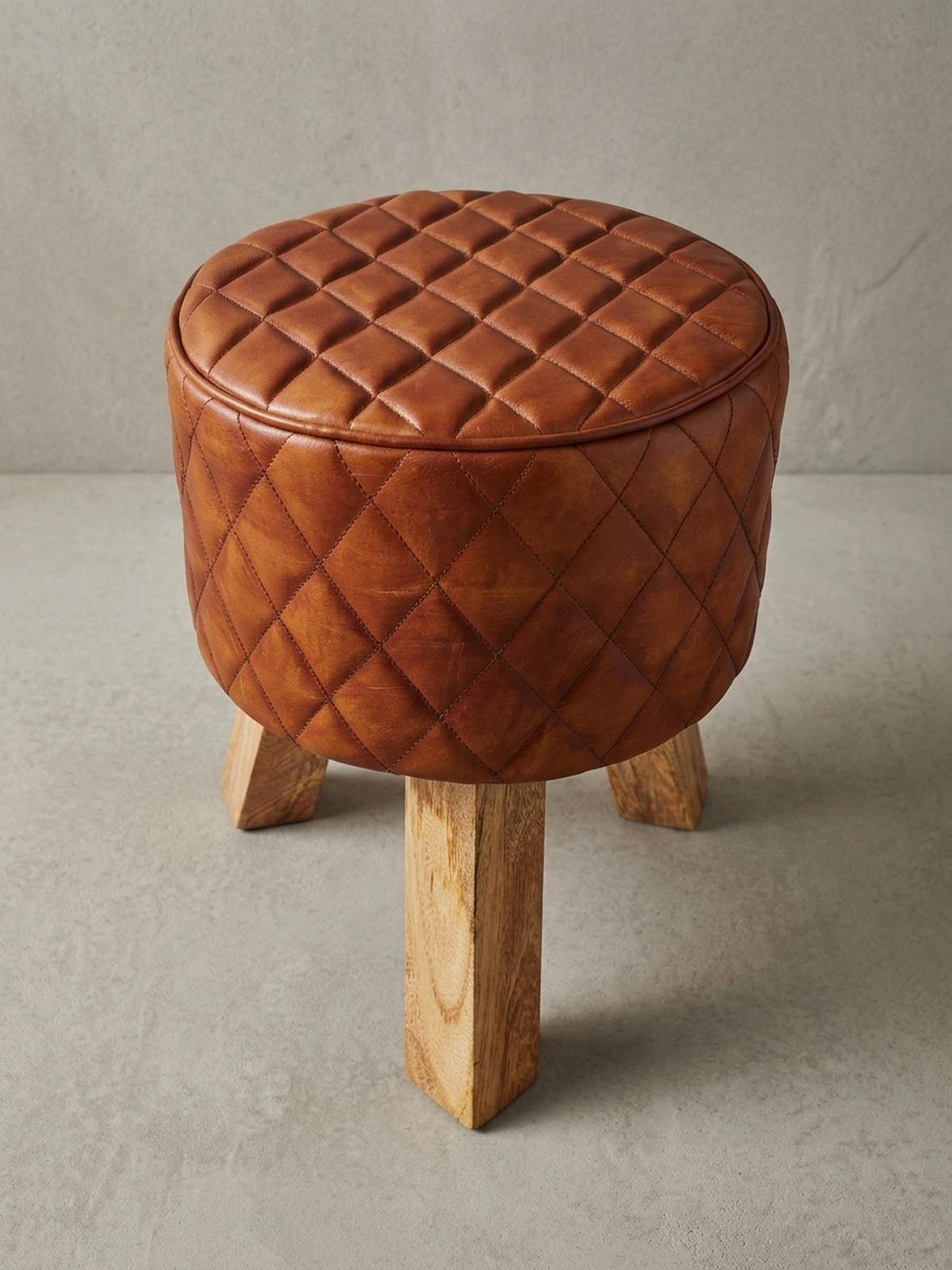 SITZHOCKER – Holz/Leder, 46 cm, Rautenmuster, Braun - Braun, Mangoholz/Leder (35/46/35cm) - KADIMA DESIGN