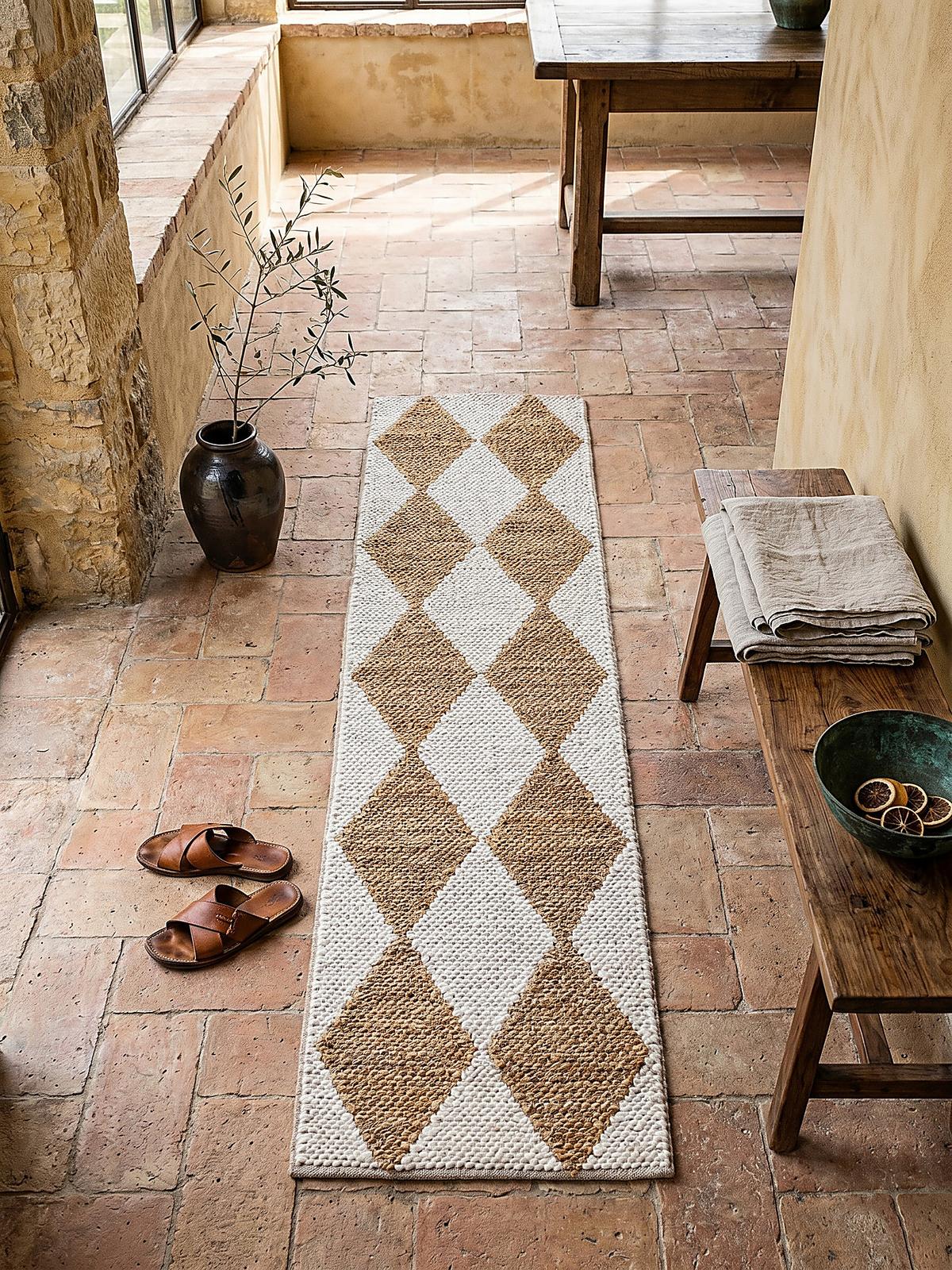JUTETEPPICH BAIN, mit Rautenmuster, Beige, 60 x 230 cm - Beige, Textil (230/60cm) - KADIMA DESIGN