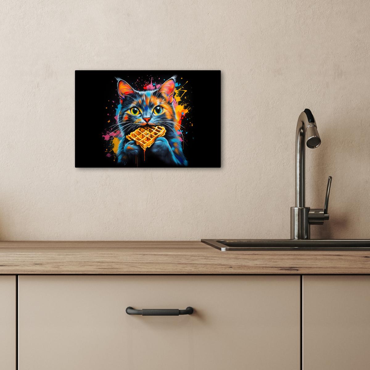 LEINWANDBILD Katze - Graffiti - Bunt - Waffel - Essen Deko Schlafzimmer 30x20 cm - Türkis, Textil (30/20cm) - MuchoWow