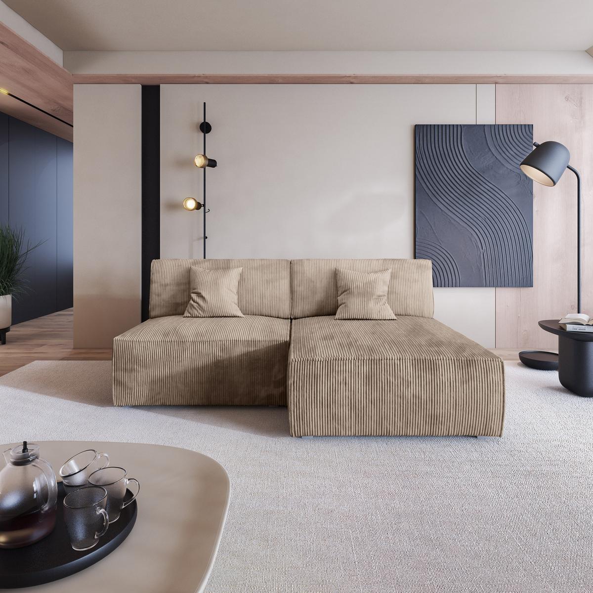 ECKSOFA FIORO P Beige Kordstoff mit Schlaffunktion - Beige/Grau, Holz/Kunststoff (204/148cm) - MASSENO