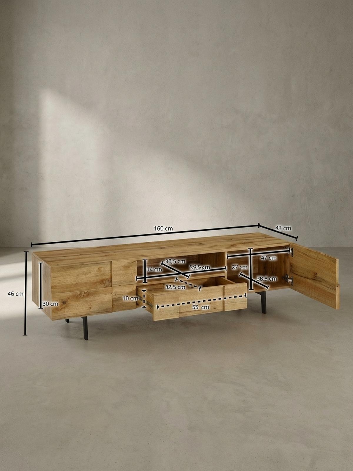 LOWBOARD Eiche-Dekor Modern Stil mit Kachelmuster für Konsolen und DVDs - Schwarz/Braun, Holz/Metall (160/46/43cm) - KADIMA DESIGN