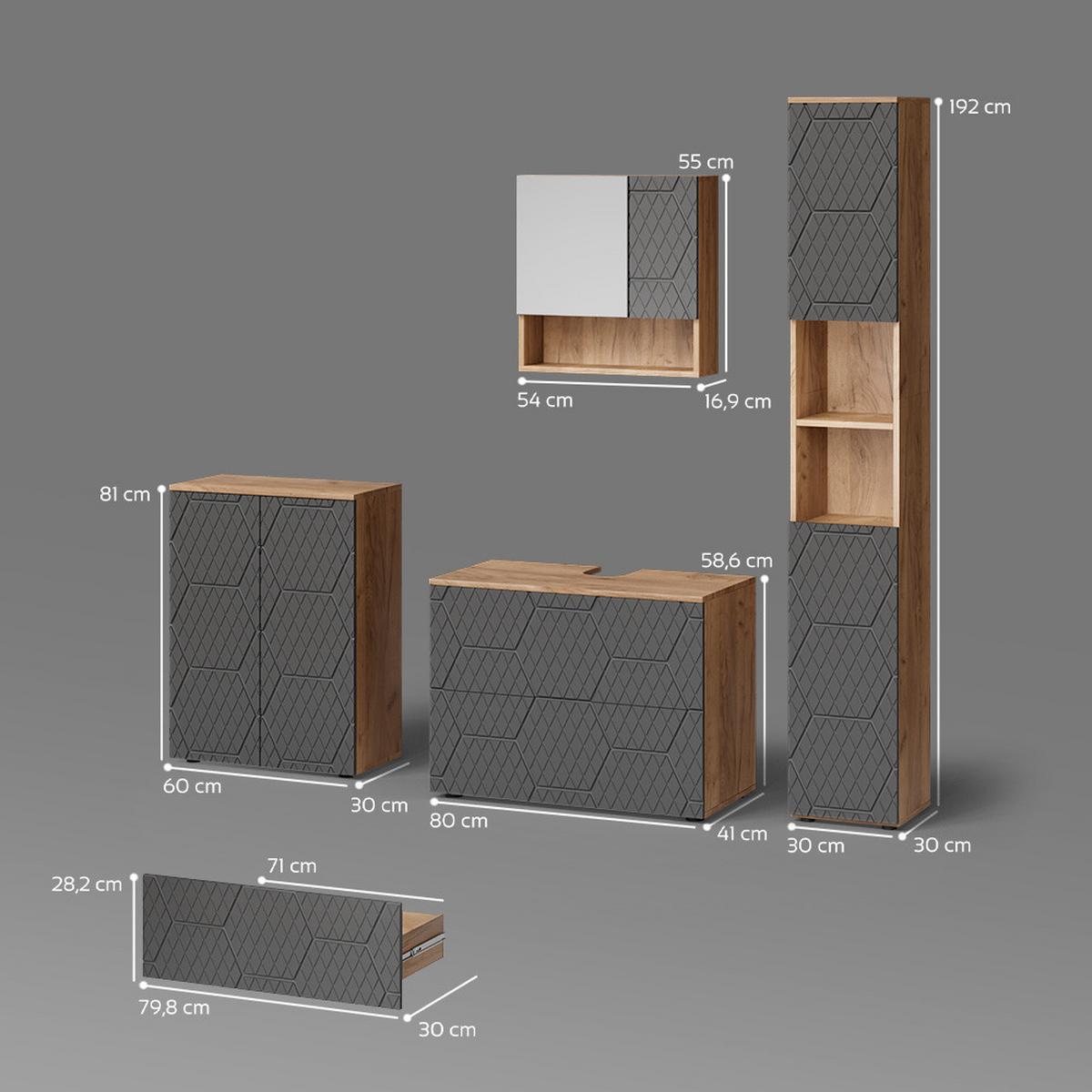 BADMÖBEL-SET Ronco Anthrazit mit Wabenstruktur 4 Teile, mit Schubladenschrank und Midischrank - Anthrazit, Holzwerkstoff (80/58/41cm) - Livinity®