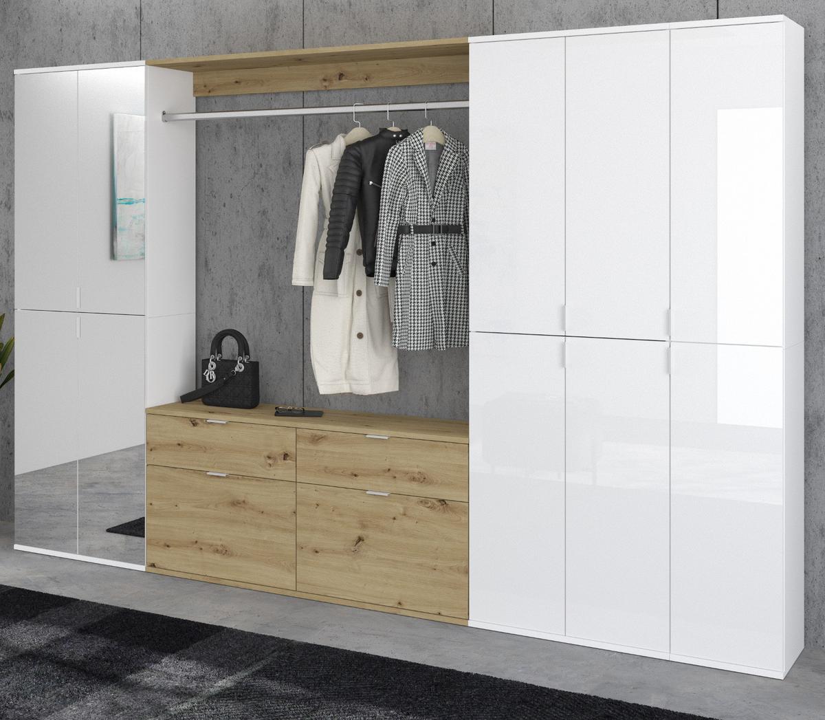 GARDEROBENSCHRANK weiß Hochglanz, Eiche 273 cm, Komplettset mit Spiegel - Weiß Hochglanz/Eiche Artisan, Holzwerkstoff/Metall (273/193/34cm) - Inn.Furn