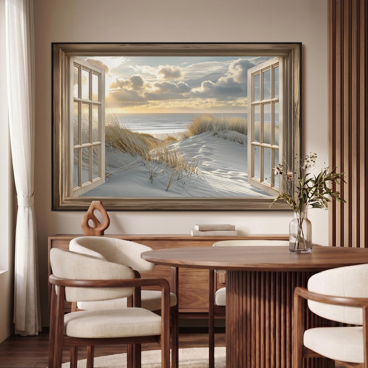 LEINWAND Bilder mit Rahmen - Ausblick - Strand - Dünen - Meer - Natur - 140x90 - Sandfarben, Textil (140/90cm) - MuchoWow