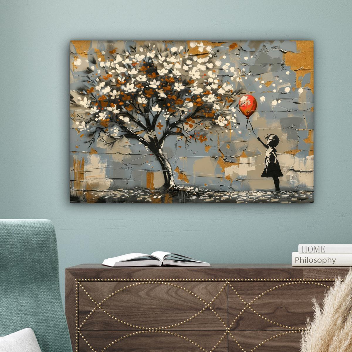 LEINWANDBILD Baum - Graffiti - Banksy-Stil - Ballon-Mädchen Gemälde 60x40 cm - Blaugrau, Textil (60/40cm) - MuchoWow