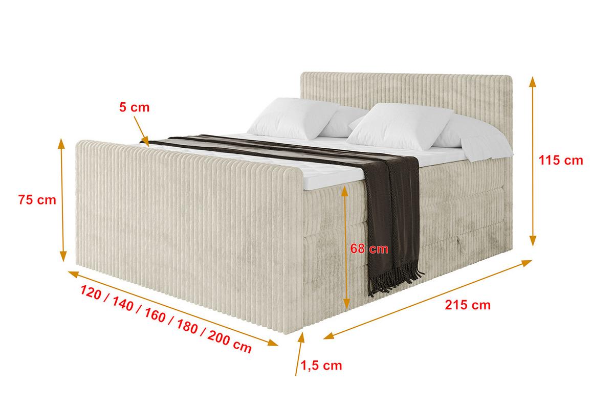 BOXSPRINGBETT mit Matratze H3|H4 und Lattenrost - TOLO-Z KING 180x200 Cord - Creme - Champagner, Holzwerkstoff (180/200cm) - ALTDECOR