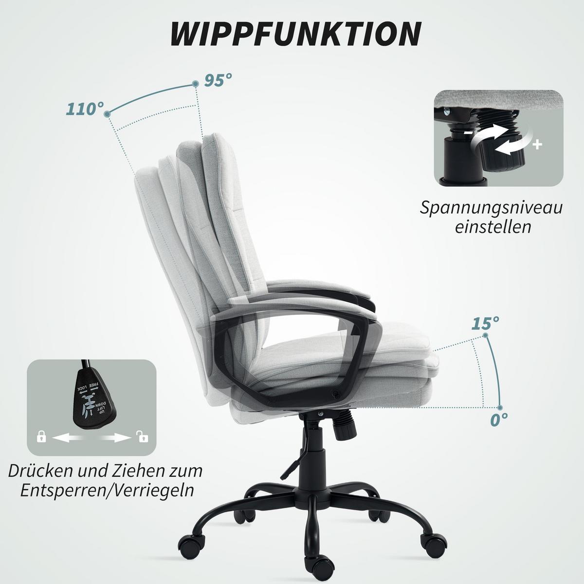 BÜROSTUHL Ergonomischer Schreibtischstuhl mit Wippfunktion Höhenverstellbar Grau - Grau, Textil (63/112/70cm) - HOMCOM