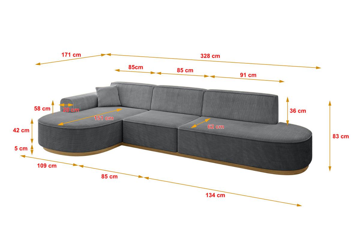 ECKSOFA Ottomane Links MARI-L2-v2 - 328x171x83 cm Dunkelgrau Cord - Dunkelgrau, Holzwerkstoff/Textil (328/171cm) - ALTDECOR
