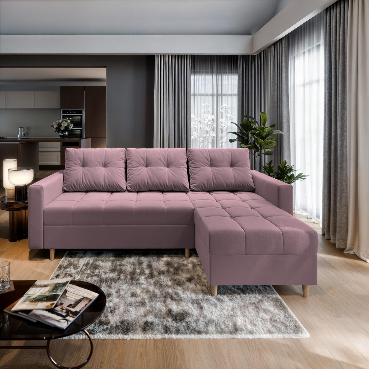 ECKSOFA MILO L Rosa Plüsch-Stoff mit Schlaffunktion - Rosa/Braun, Holz/Textil (220/140cm) - MASSENO