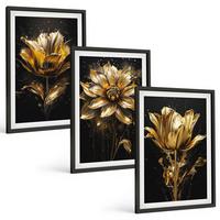 BILDER SET 3er Set - 40x60 cm Schwarzer Rahmen - Gelbe Blüten auf dunklem Hintergrund - Schwarz, Kunststoff (40/60cm) - TULUP