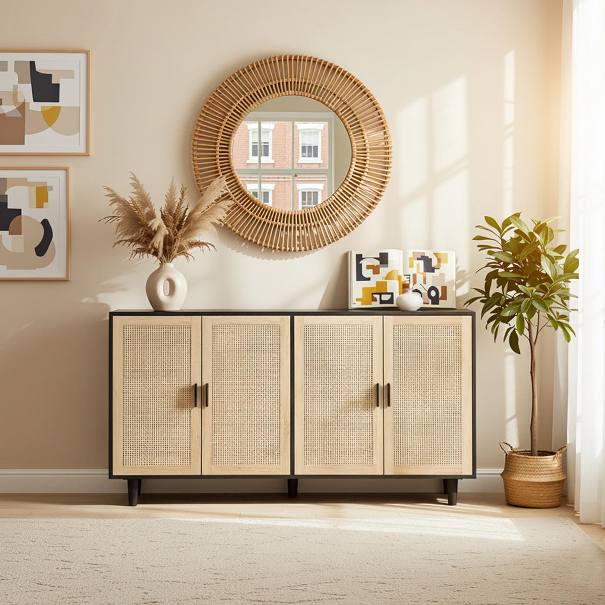 SIDEBOARD holzwerkstoff in schwarz mit rattan-fronten, 4 türen - Schwarz, Holzwerkstoff (158/88/40cm) - Urban Meuble