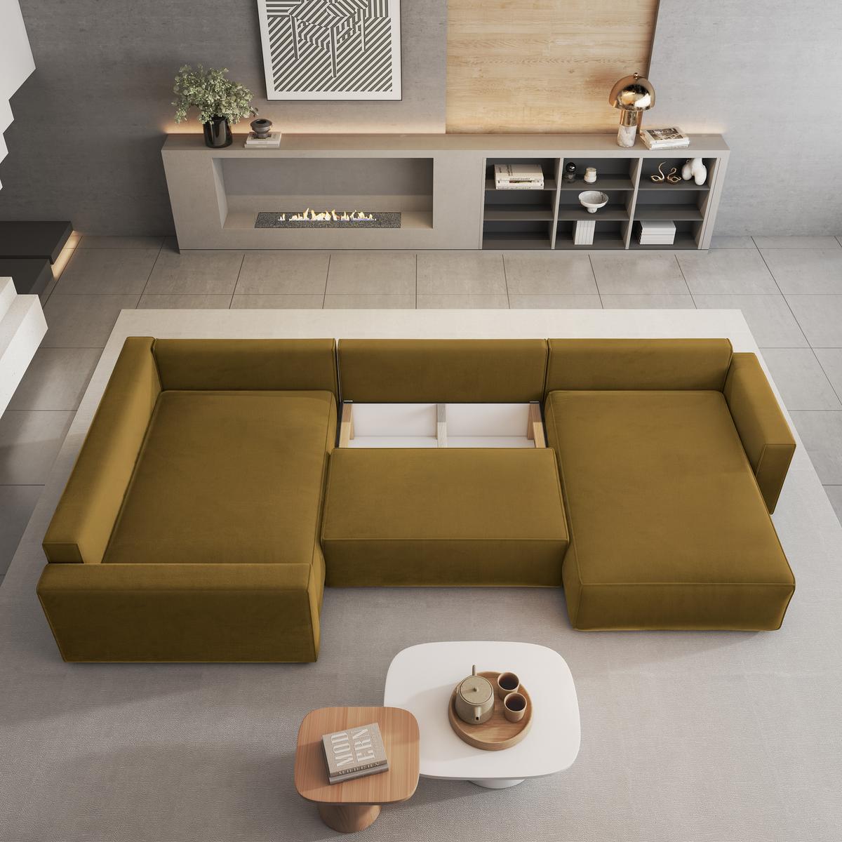 WOHNLANDSCHAFT VELAMI L-S Gelb Velours-Stoff mit Schlaffunktion - Gelb, Holz (365/83/194cm) - MASSENO