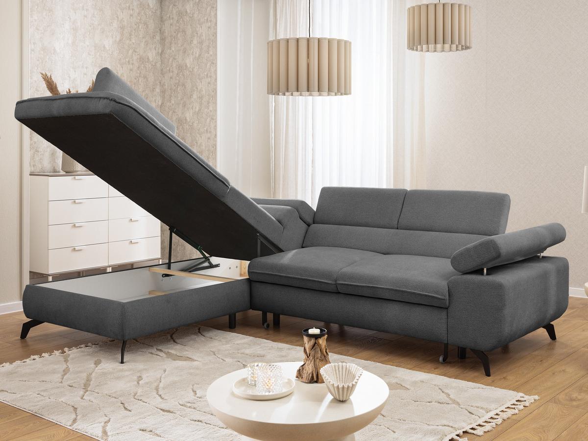 ECKSOFA mit Schlaffunktion und Bettkasten Bonnie aus Grau Chenille-Stoff mit verstellbaren Kopfstützen und Armlehne - Ottomane links - Schwarz/Grau, Holz/Textil (275/210cm) - S-Style Möbel