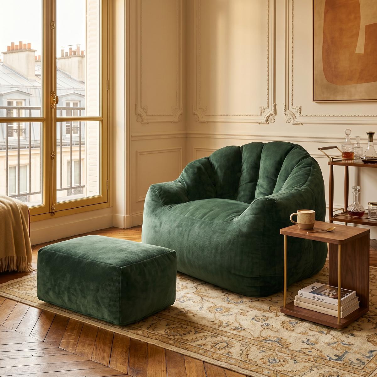 SESSEL MIT HOCKER aus weichem Chenille mit Blüten-Rückenlehne und Ottomane - Grün, Textil (99/65/86cm) - Urban Meuble