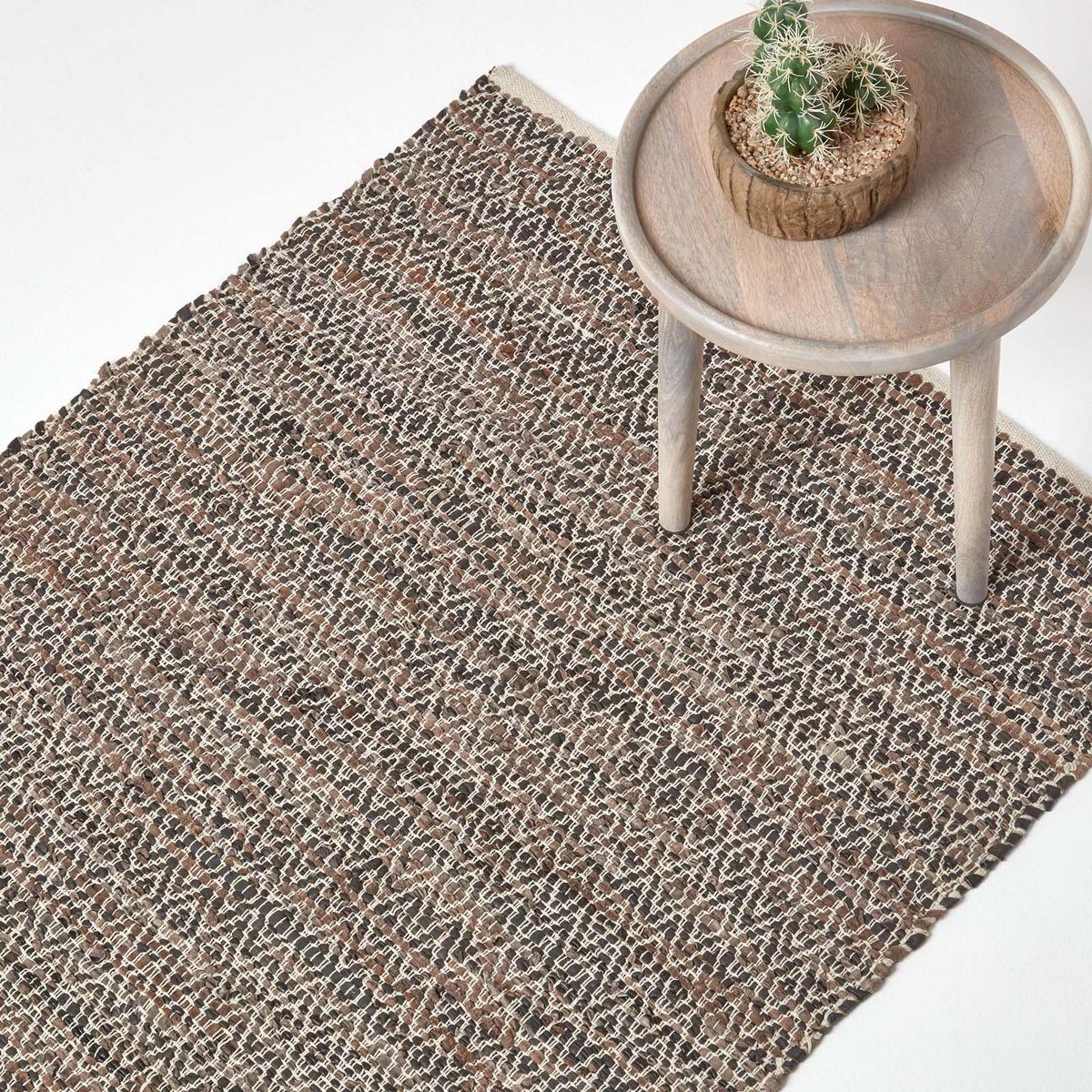LEDERTEPPICH gewebt mit Rautenmuster 120/180 cm - Braun, Leder (120/180cm) - Homescapes